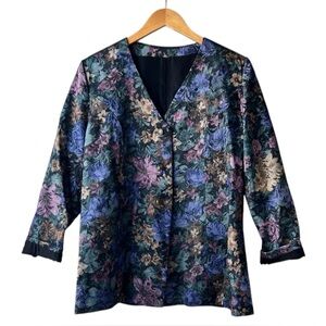 Vintage Elegant Floral Tapestry Patterned Jacket with Ornate Buttons XL